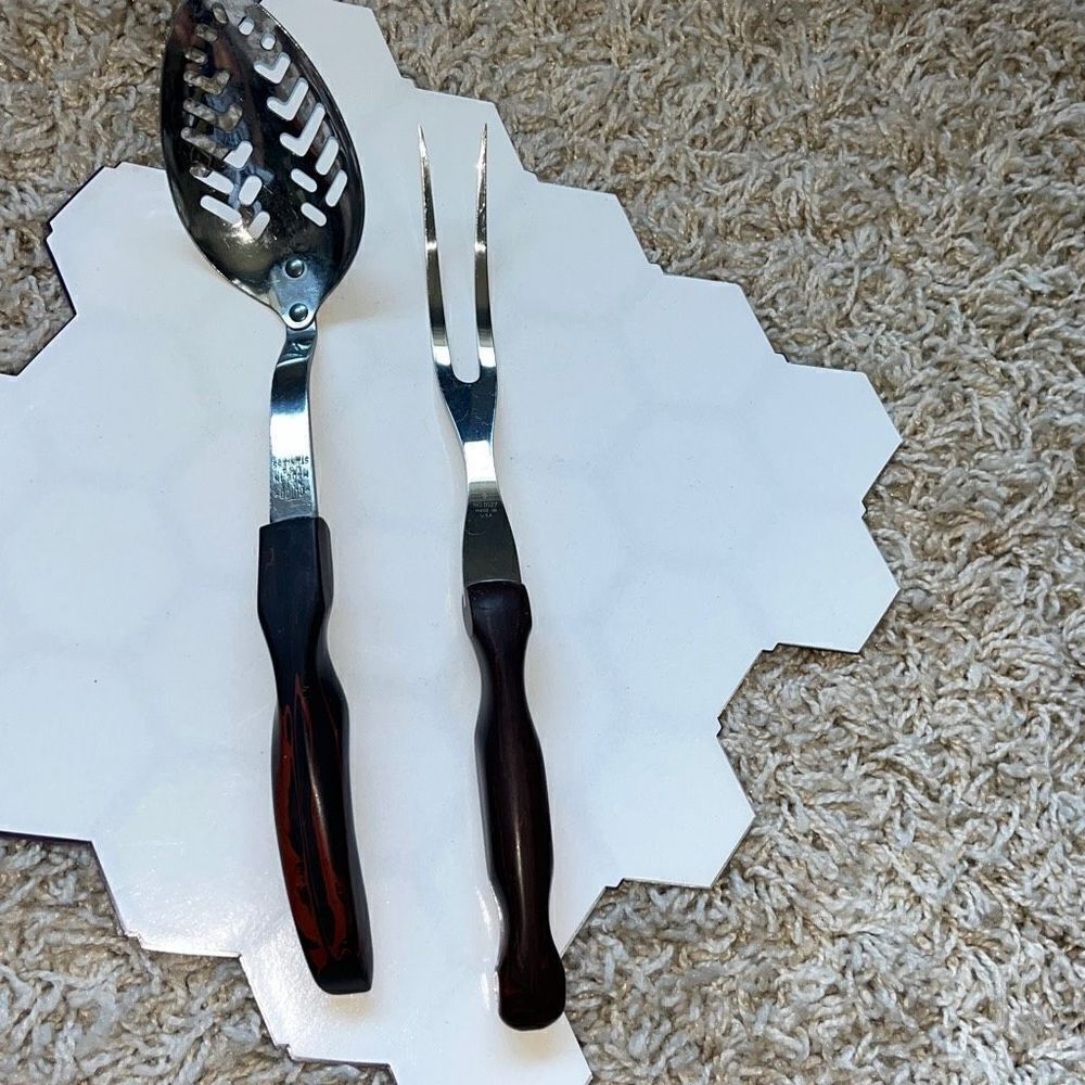 Cutco serving fork and spoon brown swirl handle 17KH 1726
